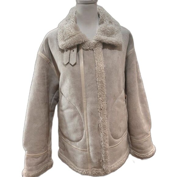 Faux Suede Shearling Aviator Biker Jacket Cream Sherpa Lined Buckle Cozy Est XL - Picture 3 of 10